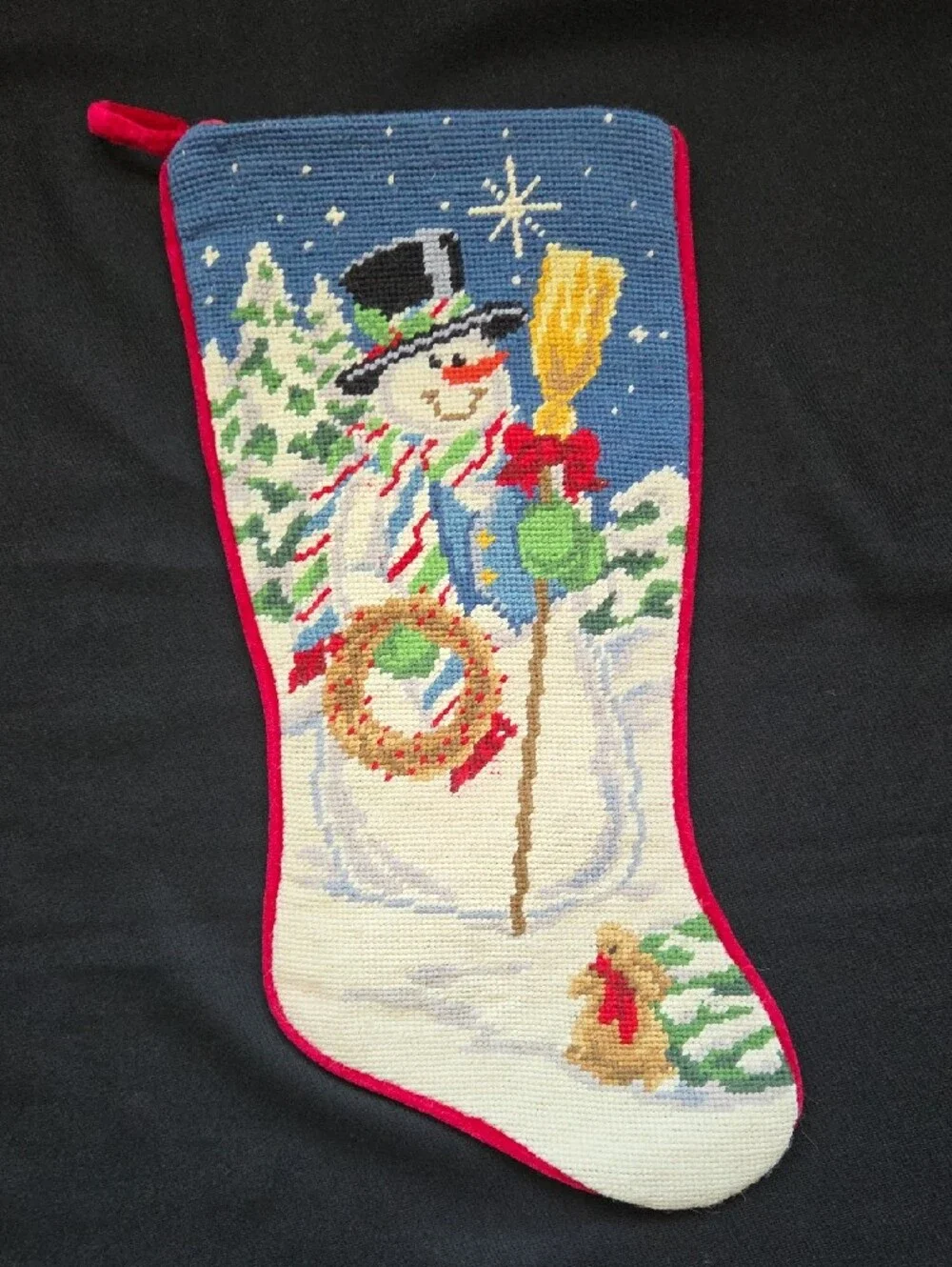 Holiday Snowman Needlepoint Stocking in Blue and White